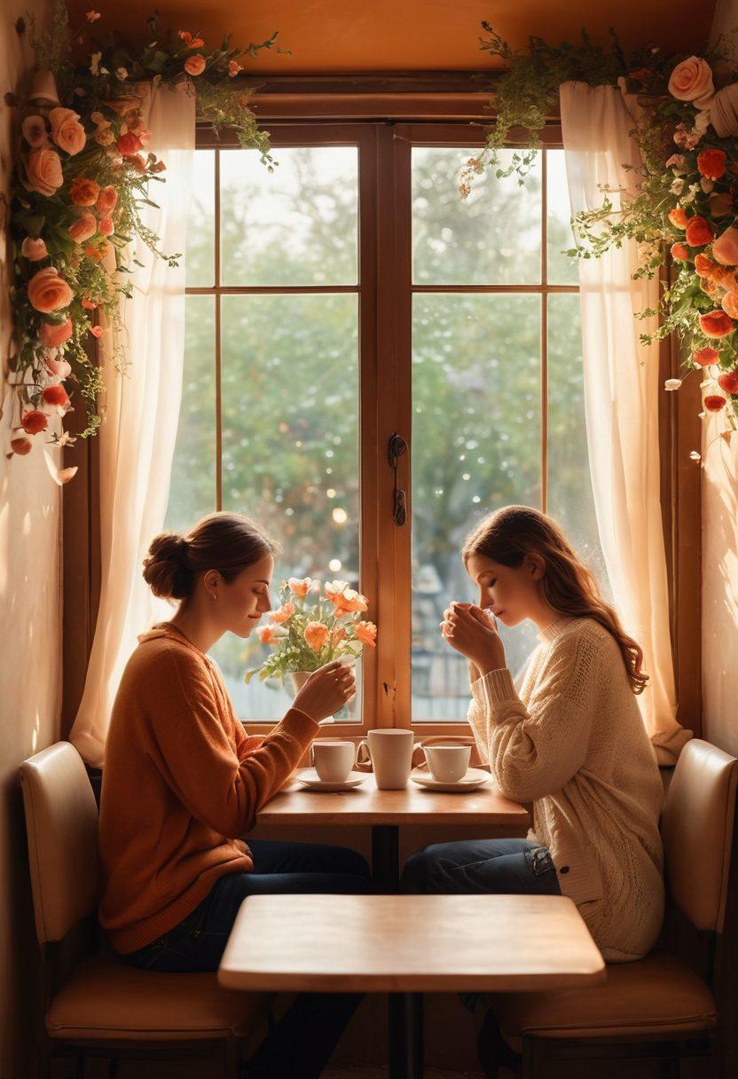 A romantic setting featuring a couple sitting closely together, sharing a quiet moment in a cozy café adorned with soft lighting and heartwarming decorations. Surround them with symbols of love such as intertwined hands, warm coffee mugs, and a backdrop of blooming flowers outside the window to symbolize nurturing. Include a subtle heart-shaped motif in the background to emphasize intimacy and passion. surreal art style. warm colors. soft focus.