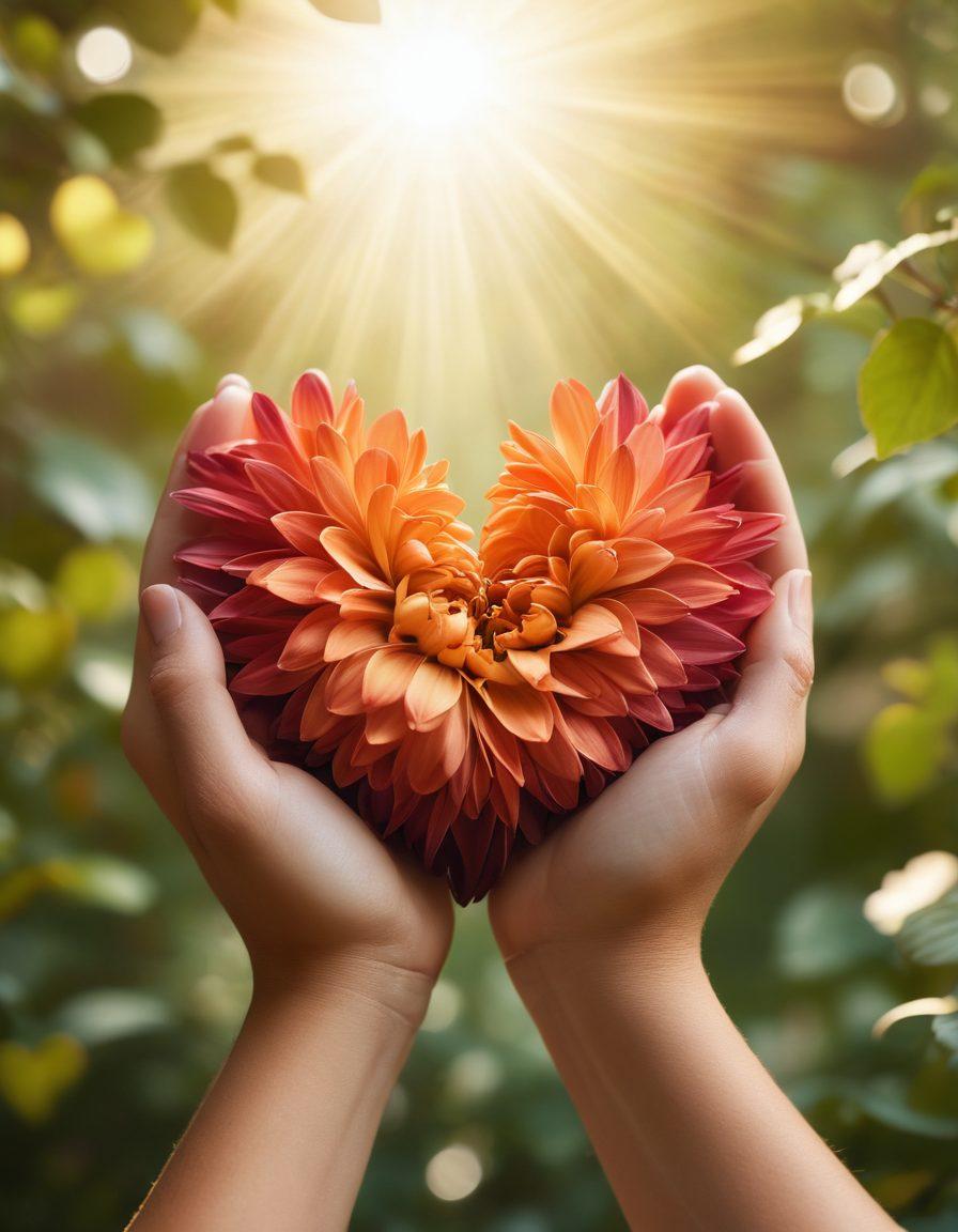 A pair of hands gently holding a blooming heart-shaped flower, symbolizing affection and devotion. In the background, soft silhouettes of diverse couples sharing intimate moments, showcasing the beauty of connection. Warm sunlight filtering through leaves, casting gentle shadows around the scene. The overall color palette should evoke warmth and tenderness. super-realistic. vibrant colors. soft focus.